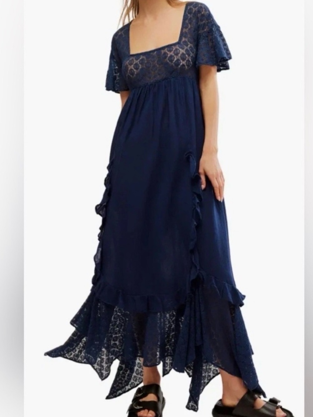 Free People Flowy Romance Navy Lace Maxi Dress Whympsy Ethereal Cottagecore SZ M - Picture 2 of 10